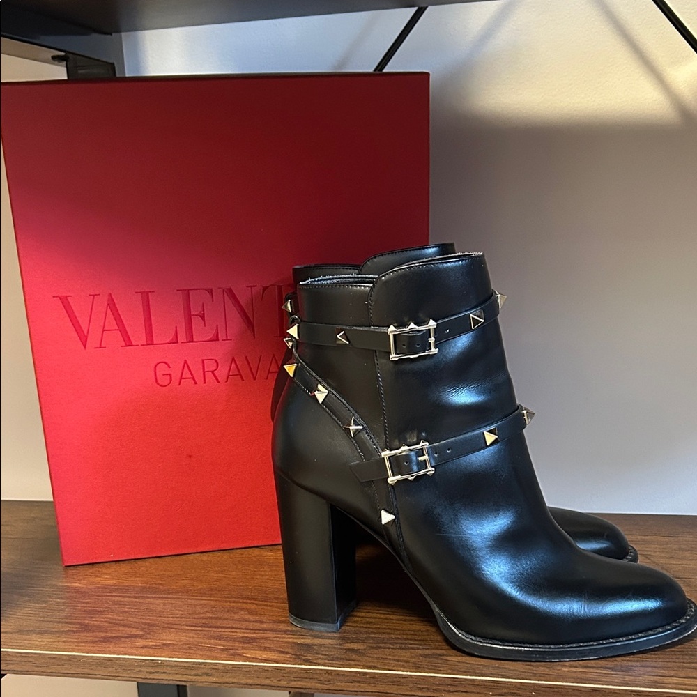 Valentino Garavani Black Heeled Boots with Gold Studs